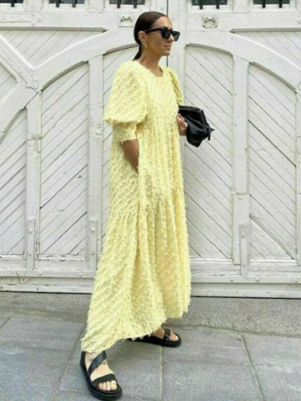 Zara Textured Puff-Sleeve Maxi Dress in Pale Yellow